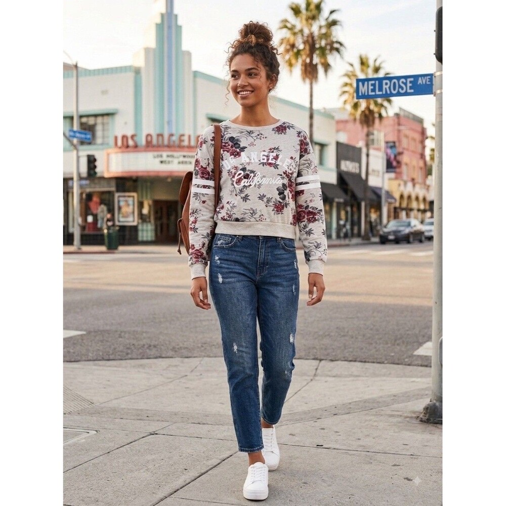 Iris Los Angeles Sweatshirt Women Large Gray Floral Cotton Ribbed Trim Crew Neck